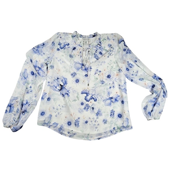 Rachel Zoe Tops - Rachel Zoe XS Floral Blouse Sheer Long Balloon Sleeve Ruffle Neck Tie Top Nwot